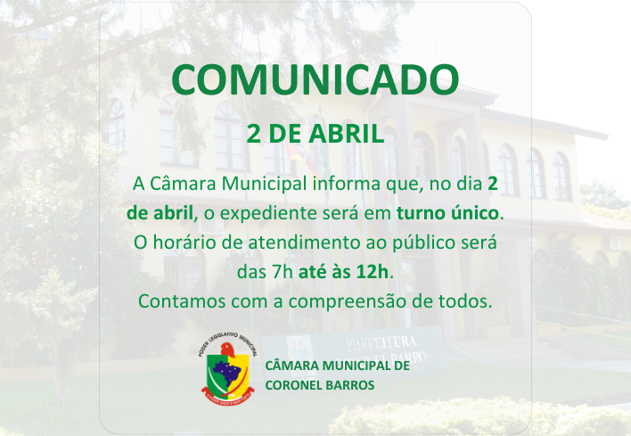 TURNO ÚNICO NO DIA 2 DE ABRIL